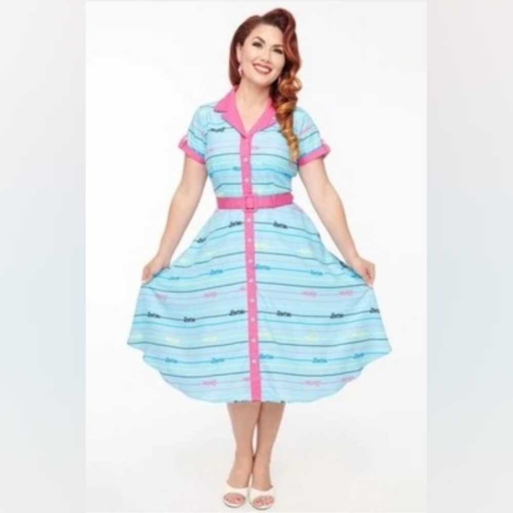 Barbie x Unique Vintage Blue Barbie Print Shirt Dress - M/6-8
